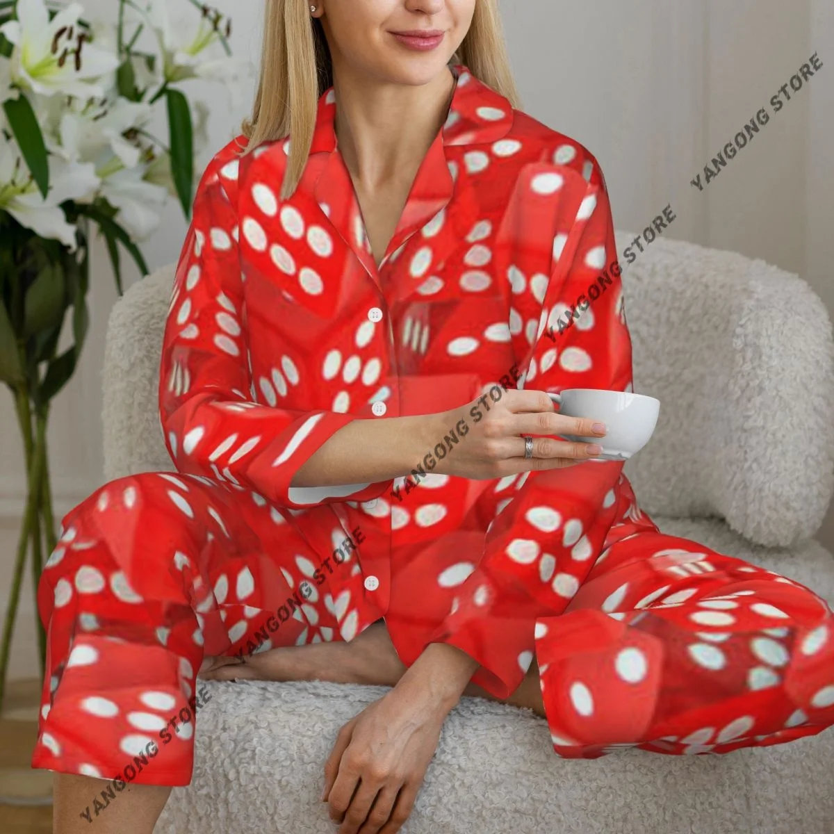 

Spring and Autumn Long Sleeve Pants Pajamas Loungewear Set Casino Realistic Dice Chance Women's Pull Edge Loose Sleeping Suit