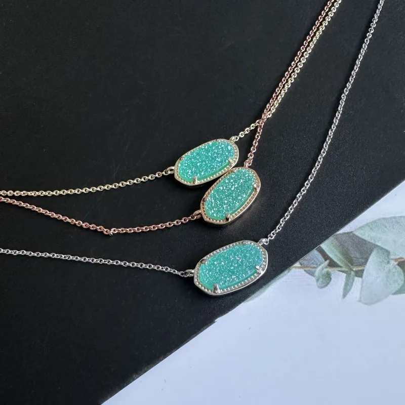 

VKVVA Geometric Elisa Simple Green Crystal Drusy Pendant Clavicle Necklace for Women Girl Fashion Jewelry Unique Birthday Gifts