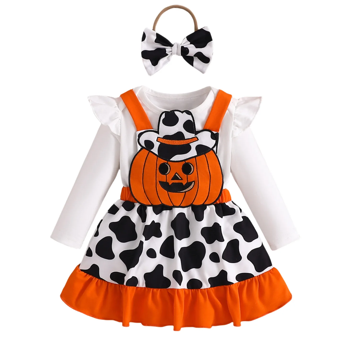 

MINISO Pumpkin Ghost Face Halloween Costume Girl Outfit Autumn 3-Piece Set Romper Cow Print Strap Dress Headband 1-3 Years