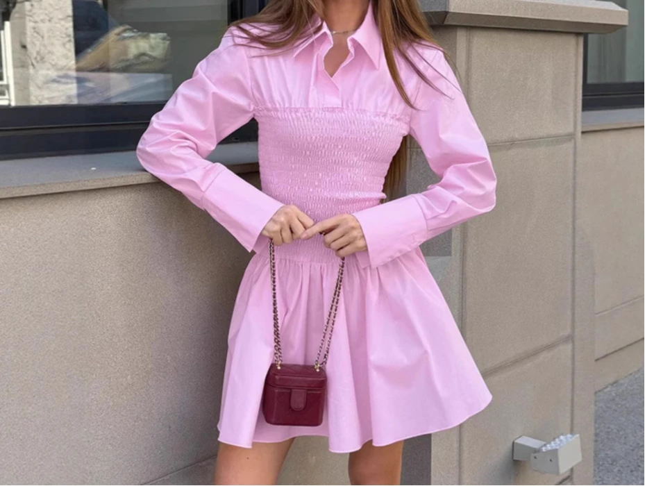 قميص بياقة للتنقل لخريف 2025، درجة عالية، خصر مخفي، أكمام طويلة، تنورة على شكل حرف A، تنورة قصيرة، ملابس نسائية
