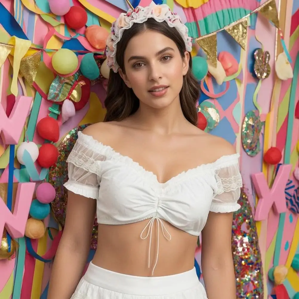 Women Cropped Top with Lace Sleeve, Ruched V-Neck German Dirndl Blouse, Off-Shoulder Shirt Bavarian Oktoberfest Costume