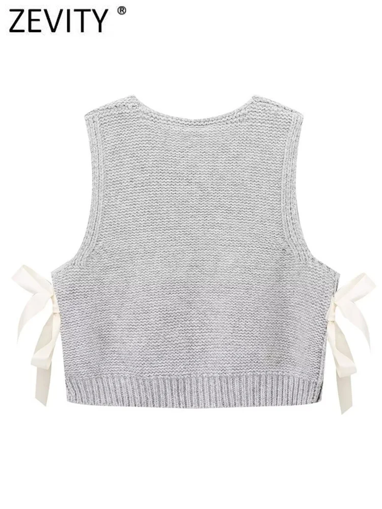 Zevity New Women Fashion Sleeveless Side Bow Tied Design Short Knitting Vest Sweater Female Chic Waistcoat Pullovers Tops SW6301