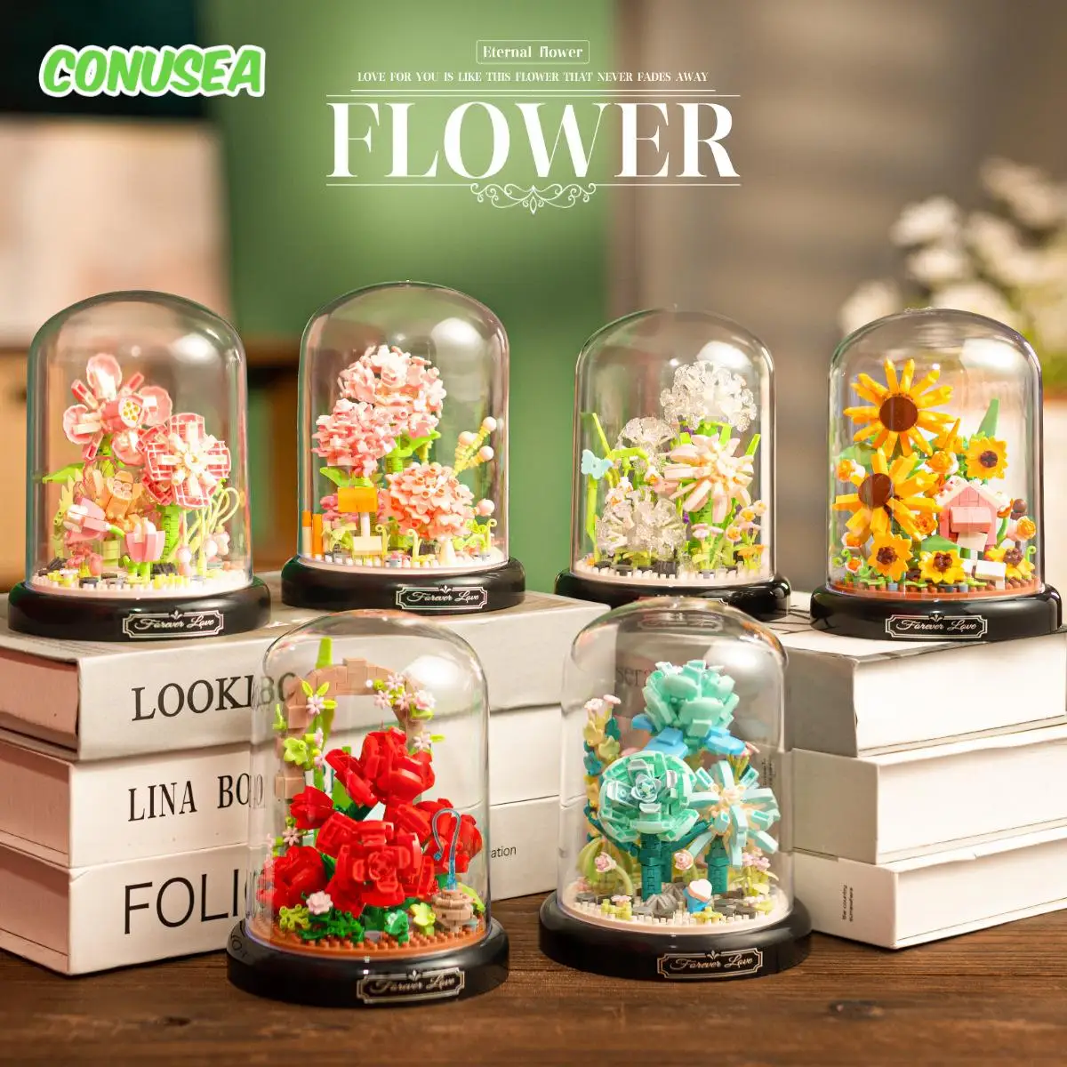 Eternal Flowers Building Blocks Kit with Dust Cover Rose Bouquet Building Bricks Home Decoration Children Girls Birthday Gifts