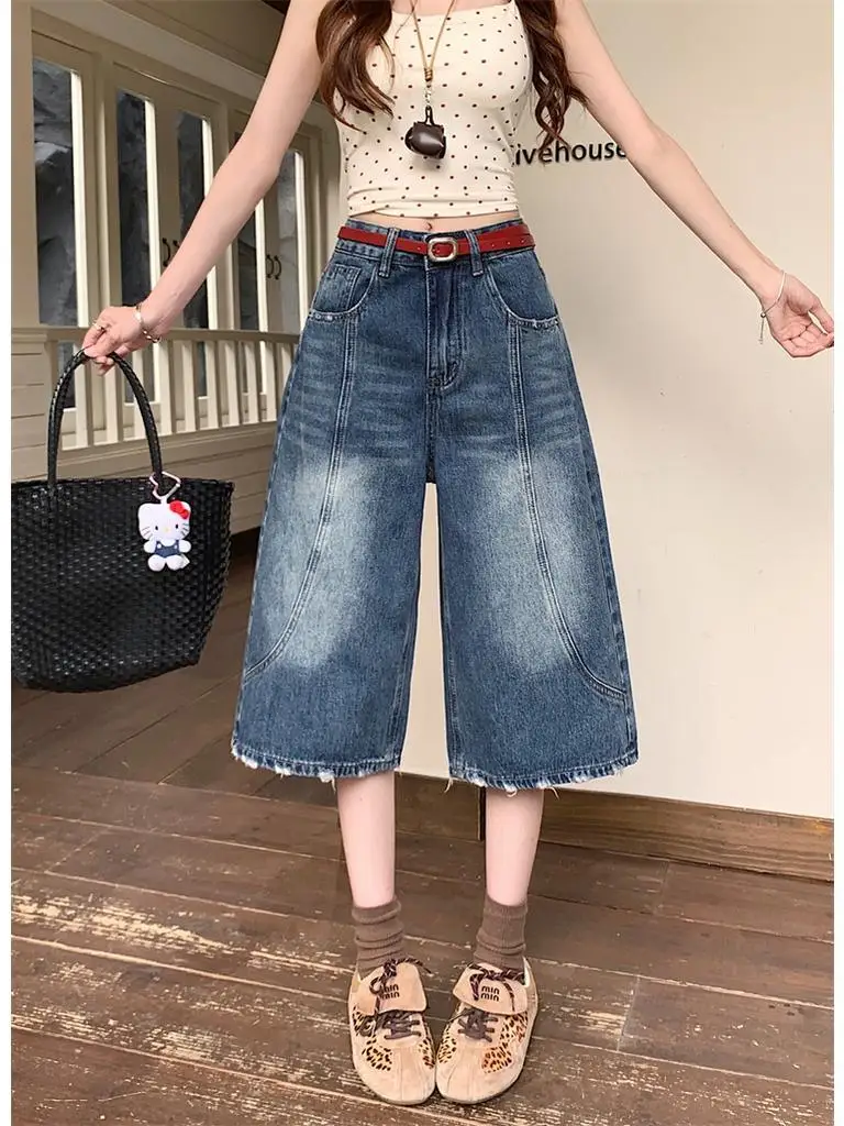 

American Retro Loose Straight Leg Jeans Women Summer New High Waist Wide Leg Casual Seven Inch Middle Pants
