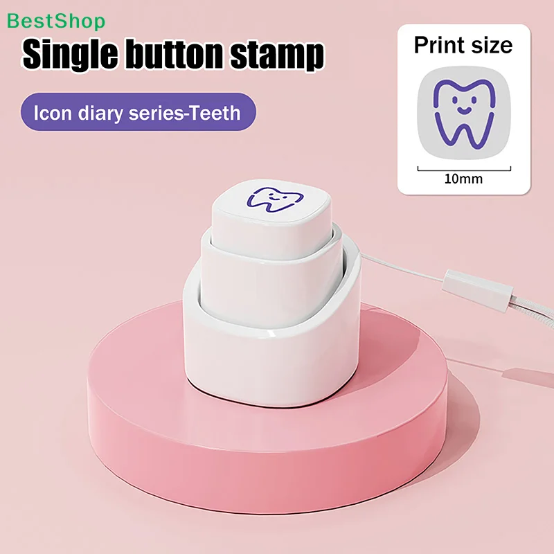 ♥Cute Tooth Icon Single-Button Stamp - 10mm Mini Self-Inking Stamper for Diary, Planner & Journal Decoration