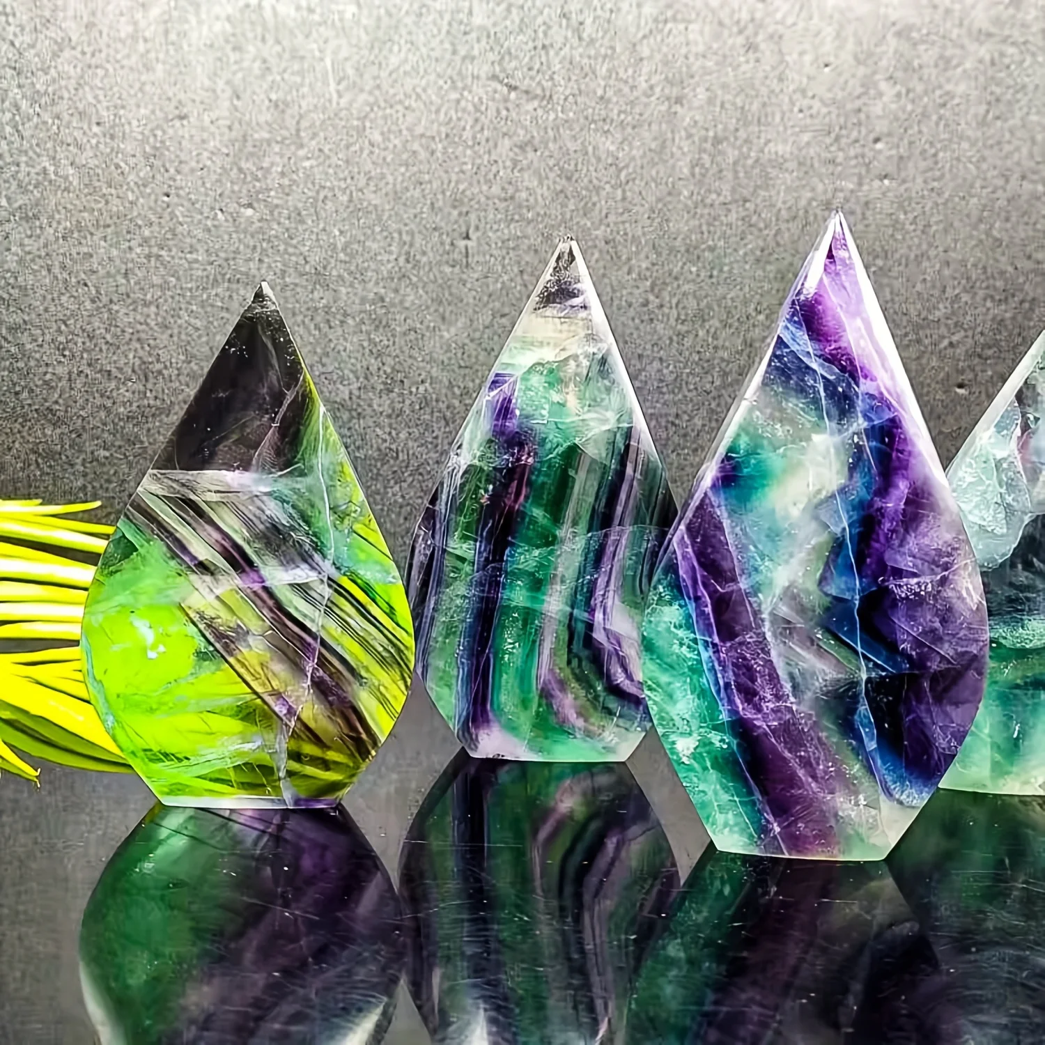 One AAAA-grade + green and purple fluorite teardrop-shaped tower crystal, blue/green/purple/multicolored - for home décor,