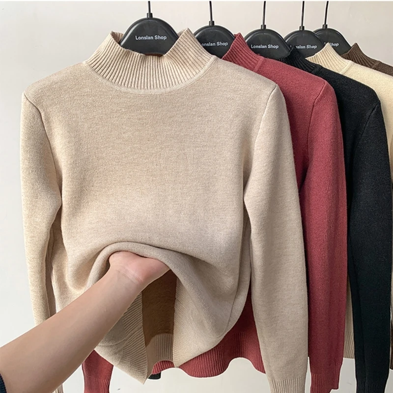 Suéter medio cuello alto para mujer, punto manga larga liso, Tops, suéter grueso con forro para Otoño e