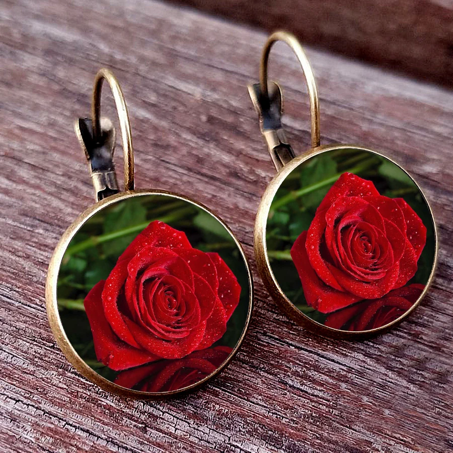 New Red Rose Earrings Rose Photo Glass Women\'s Earrings Valentine\'s Day Gift Birthday Gift Design Sense Party Jewelry