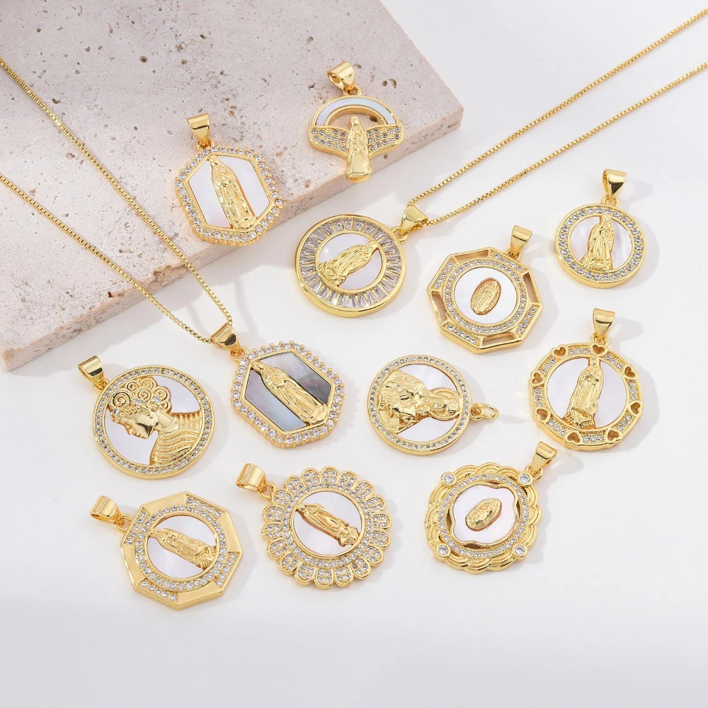 

1 Pcs Copper Gold Plated Shell Pendant for Diy Necklace Making Accessories Virgin Mary Jewelry Round Diamond Inlay Zircon Charm