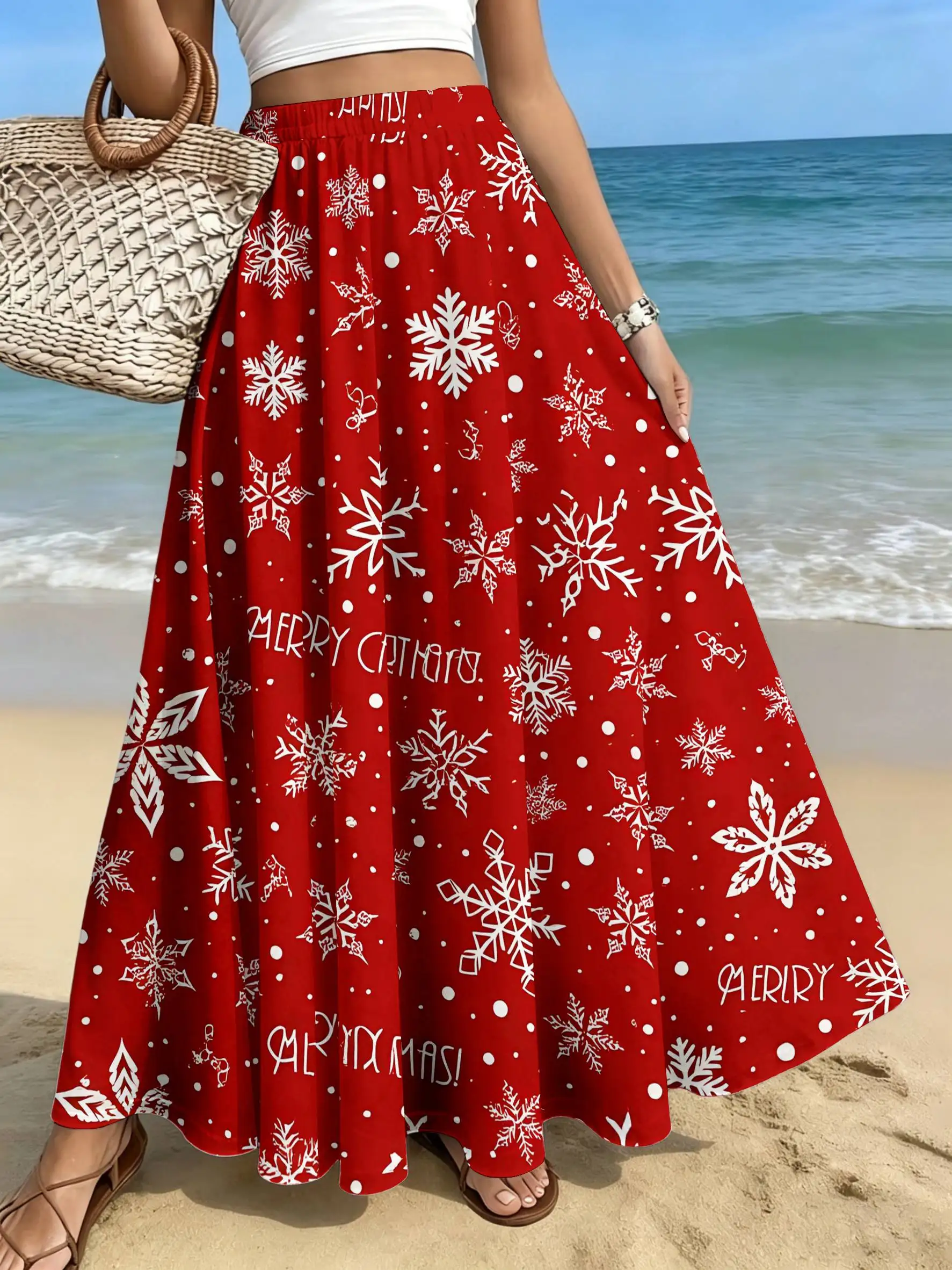 Women Christmas Print Maxi Skirt Elastic High Waist A Line Long Skirt Holiday Party Flowy Big Swing Long Skirts