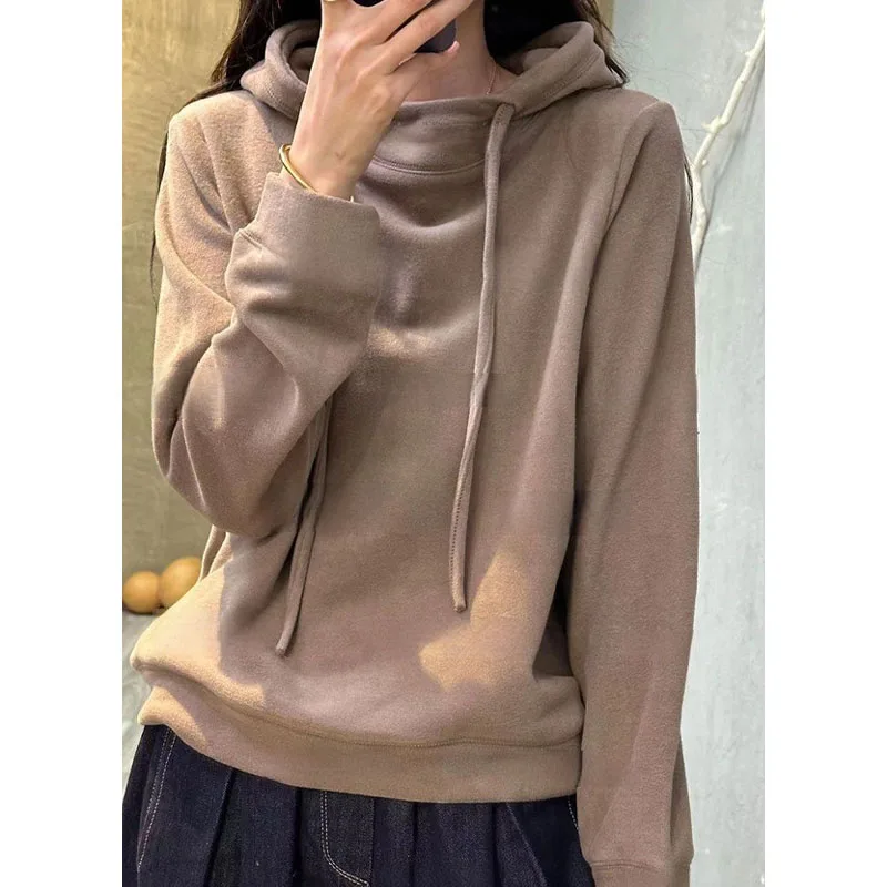 Women's Solid Color Retro Hoodies Autumn Winter Drawstring Long Sleeve Patchwork All-match Casual Pullover Tops Female Clothing