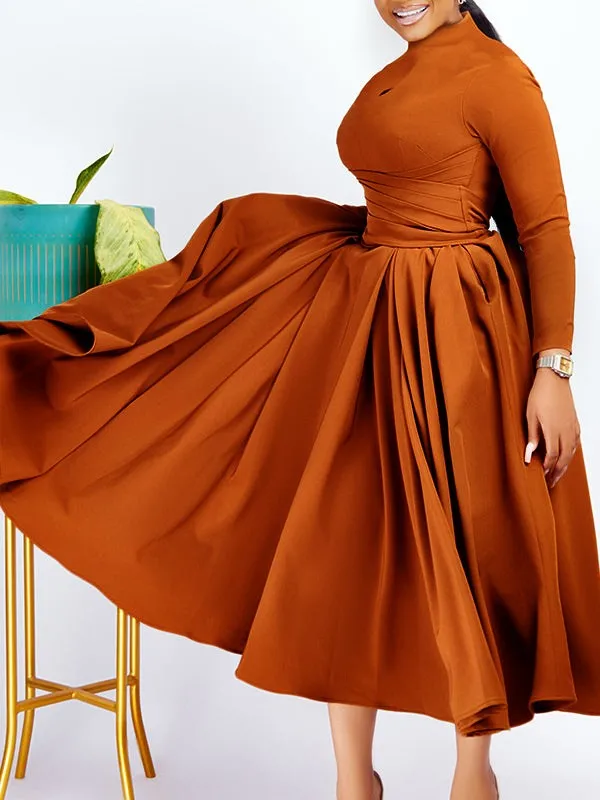 

Winter Women's Clothing Elegant Solid Color High Waist Midi Dress For Polyester Half Turtleneck Three Quarter Sleeve