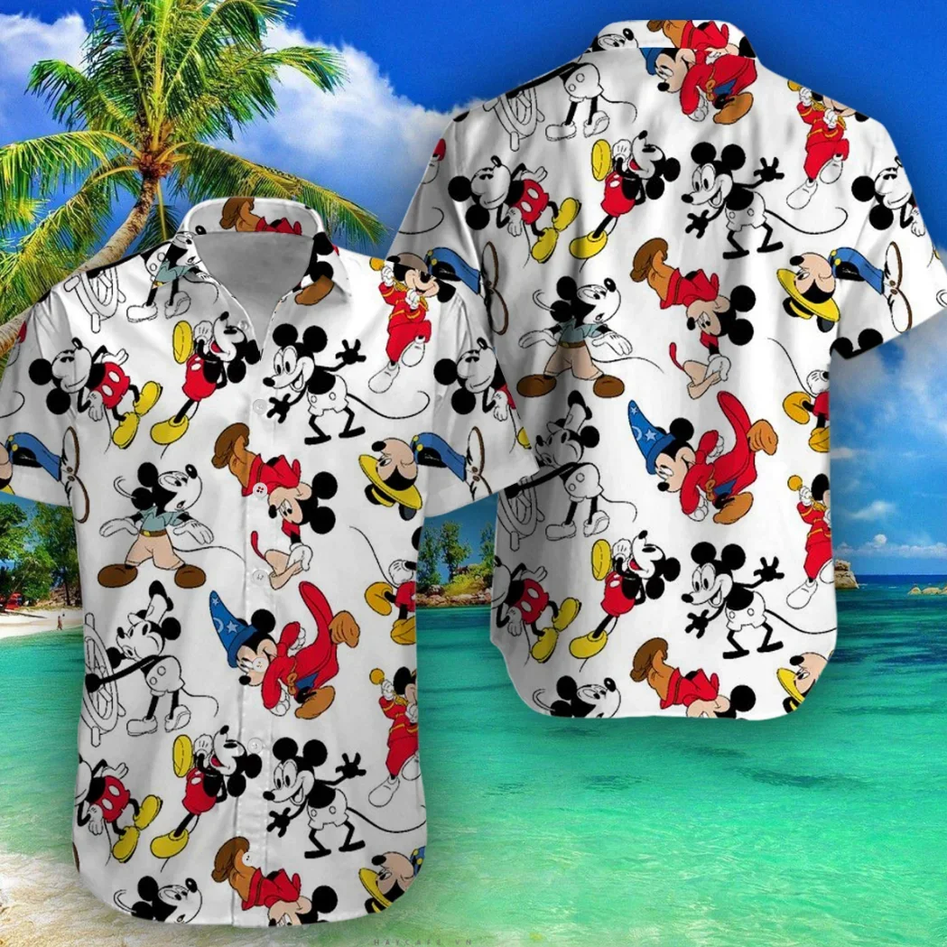 Miniso-camisas hawaianas de Mickey y Minnie para hombre y mujer, camisas de manga corta informales, camisas hawaianas de Disney, camisas de playa a la moda