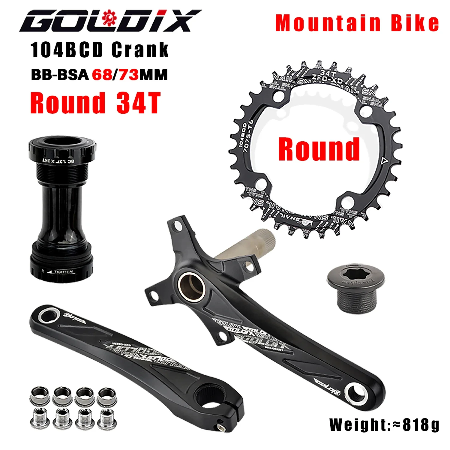 GOLDIX 104BCD Fahrradkurbelgarnitur mit breiten und schmalen Zähnen, 170/175 mm Kurbel, runder/ovaler Kettenblatt, 32 Zähne/34 Zähne/36 Zähne/38 Zähne