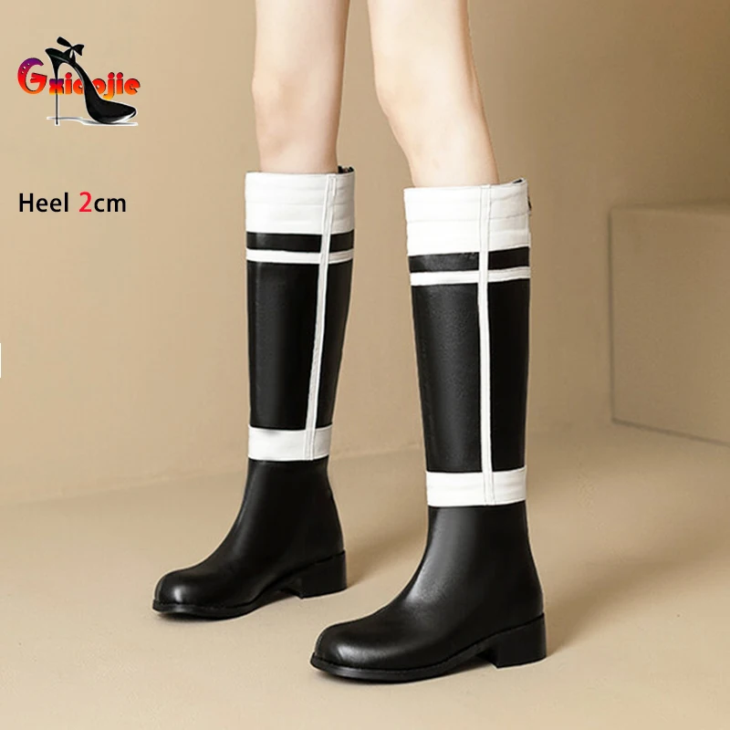 Women Knee-High Boot Black White Mixed Colors Model Shoes Cross Dressing Cosplay Chunk Heels Long Boots Female Big Size 44 45 46