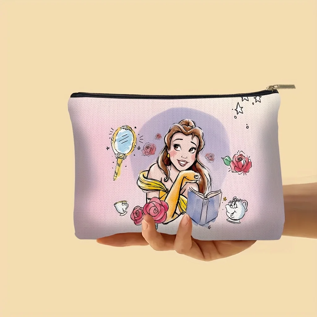 1 pezzo Disney La Bella e la Bestia Borsa per il trucco del viso iconica Rose e Belle Belle - Borsa multifunzionale carina con cerniera da donna, perfetta borsa da viaggio con cerniera