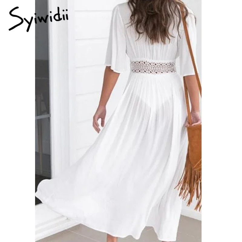 Sexy encaje ahuecado cubrir Ups para traje de baño mujeres cuello en V encaje hasta manga corta playa cubrir hasta 2025 nueva ropa de playa Bikini cubrir