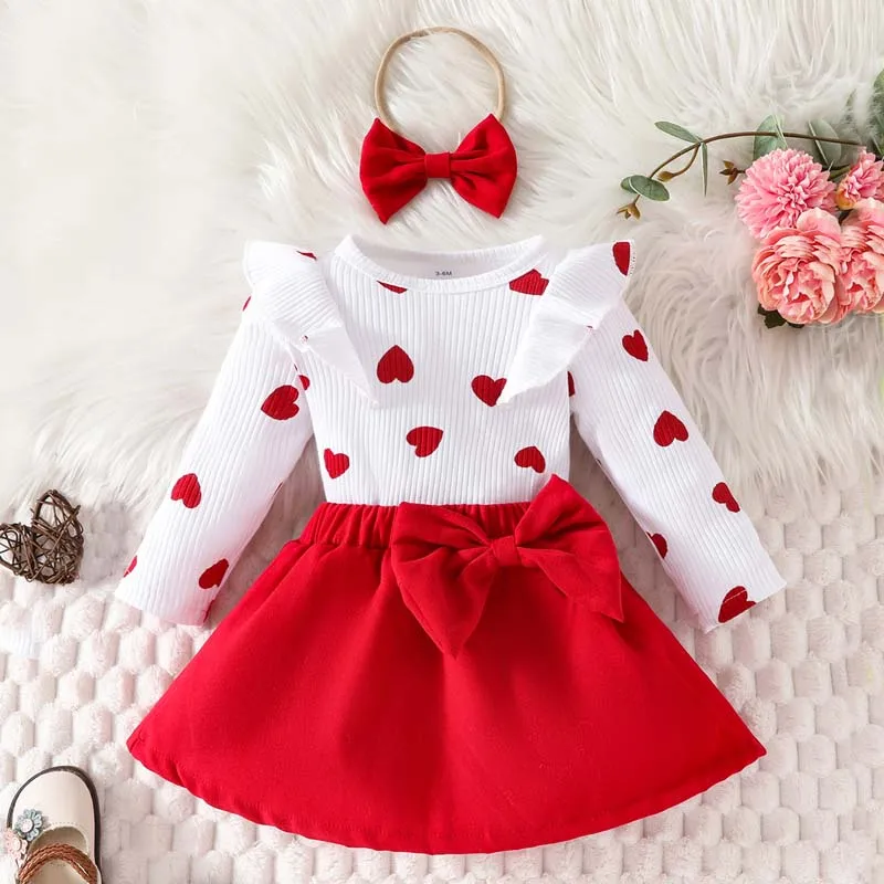 Baby Girl Clothes 3 Piece Set Pit Stripe Heart Long Sleeve Ruffle Top Solid Color Bowknot Skirt Hairband Toddler Girls Outfits