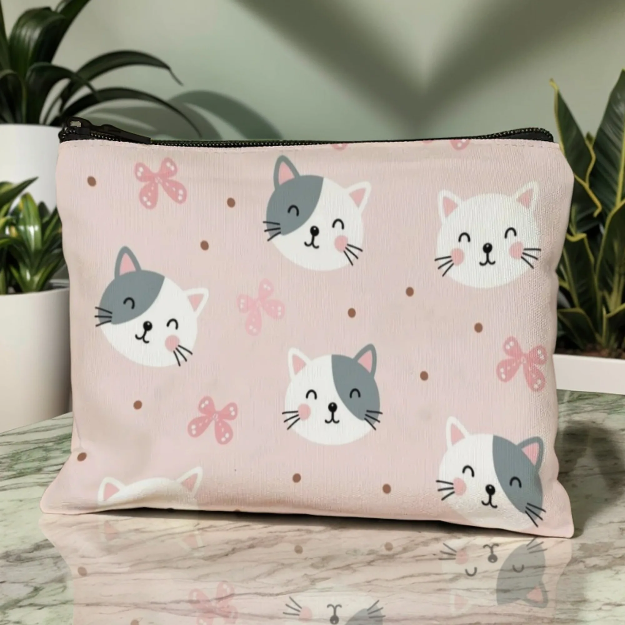 Sweet Cute Cat Cosmetic Bag with Pink Polka Dots & Bows Adorable Organizer for Lipstick & Hair Accessories Ideal Lovely Gift