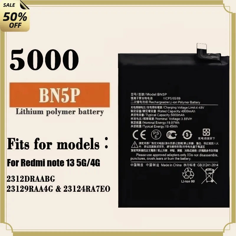 

High-quality New BN5P 3.89V 5000mAh Battery BN5P for XIAOMI REDMI NOTE 13 5G/NOTE 13 4G Battery