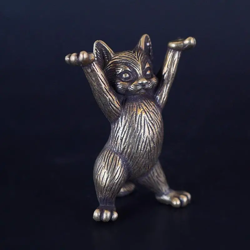 C 1Pcs Metal Brass Animal Figurines Antique Copper Cartoon Kung Fu Cat Statue Desktop Ornaments Miniatures Home Decoration