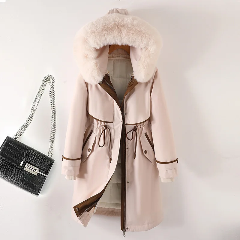 Women Mid Lenth Parkas Coat Hooded Overcoats Solid Zipper Drawstring Waist Detachable Loose Thick Office Lady Casual Winter 2025