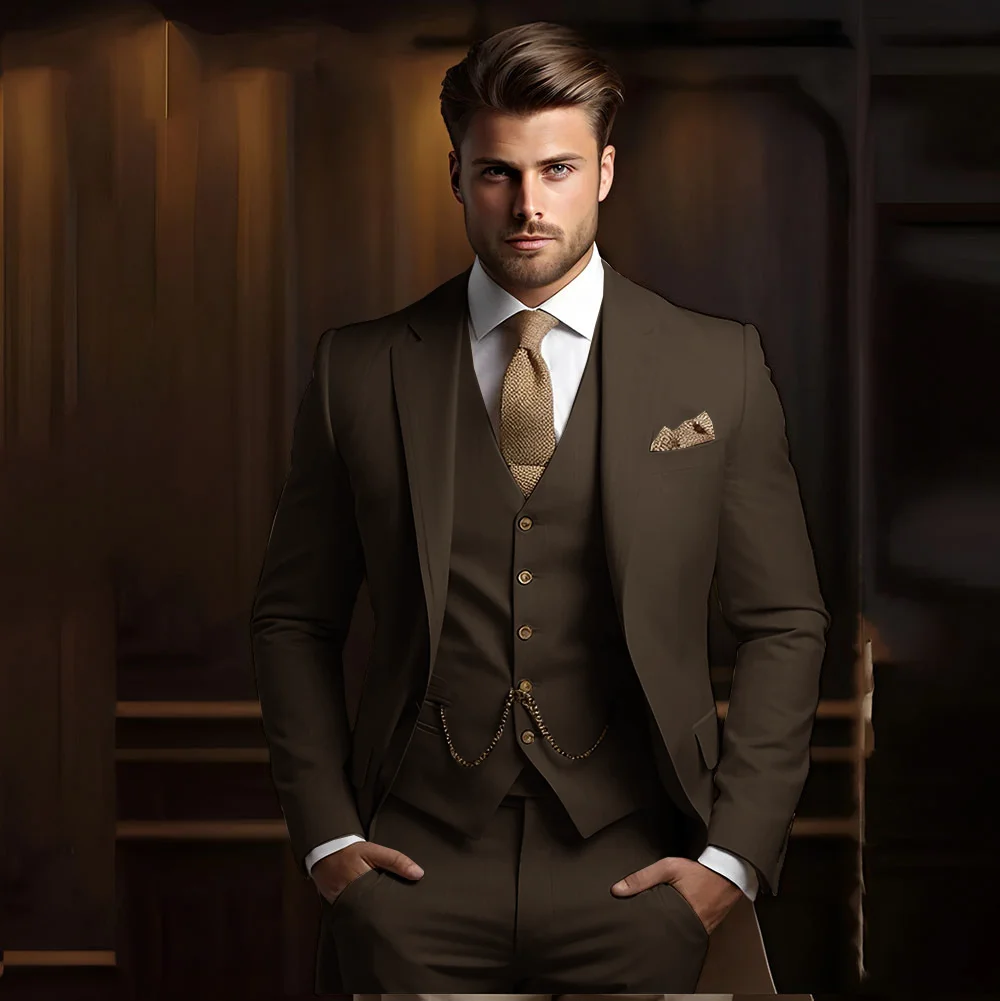 Khaki Men's Suit 3 Piece Suit Wedding Groom Tuxedo Formal Jacket Pants Vest XS-5XL Custom Outfit for Men - Image 3