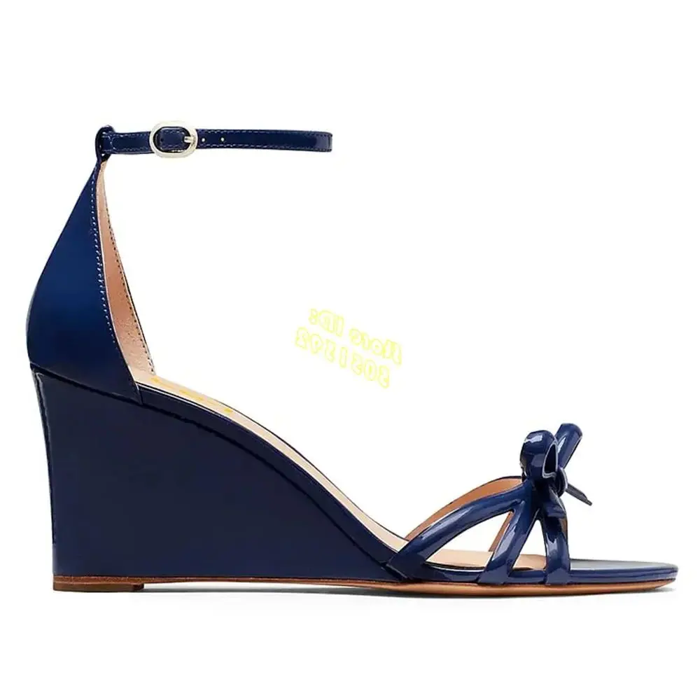 

Open Toe Bow Decor Wedge Sandals Buckled Ankle Strap in Navy Patend Leather Round Toe Concise Fashion 2024 Summer Women Sandals