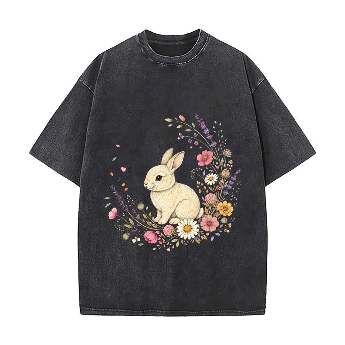 Whimsical Wildflower Bunny Sketch Ar Loose Solid Distressed T-Shirt American Casual Crew Neck Top