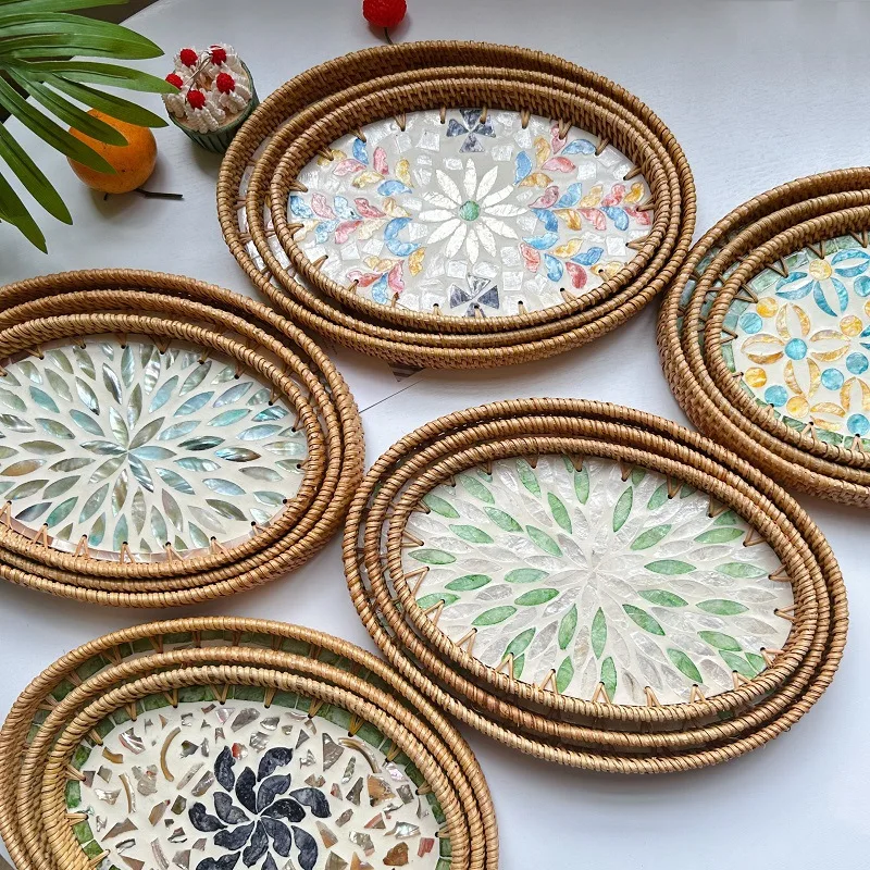 3Pcs Vintage Oval Handmade Rattan Woven Tray Nordic Natural Colorful Shells Weaving Fruit Storage Basket Breakfast Serving Trays