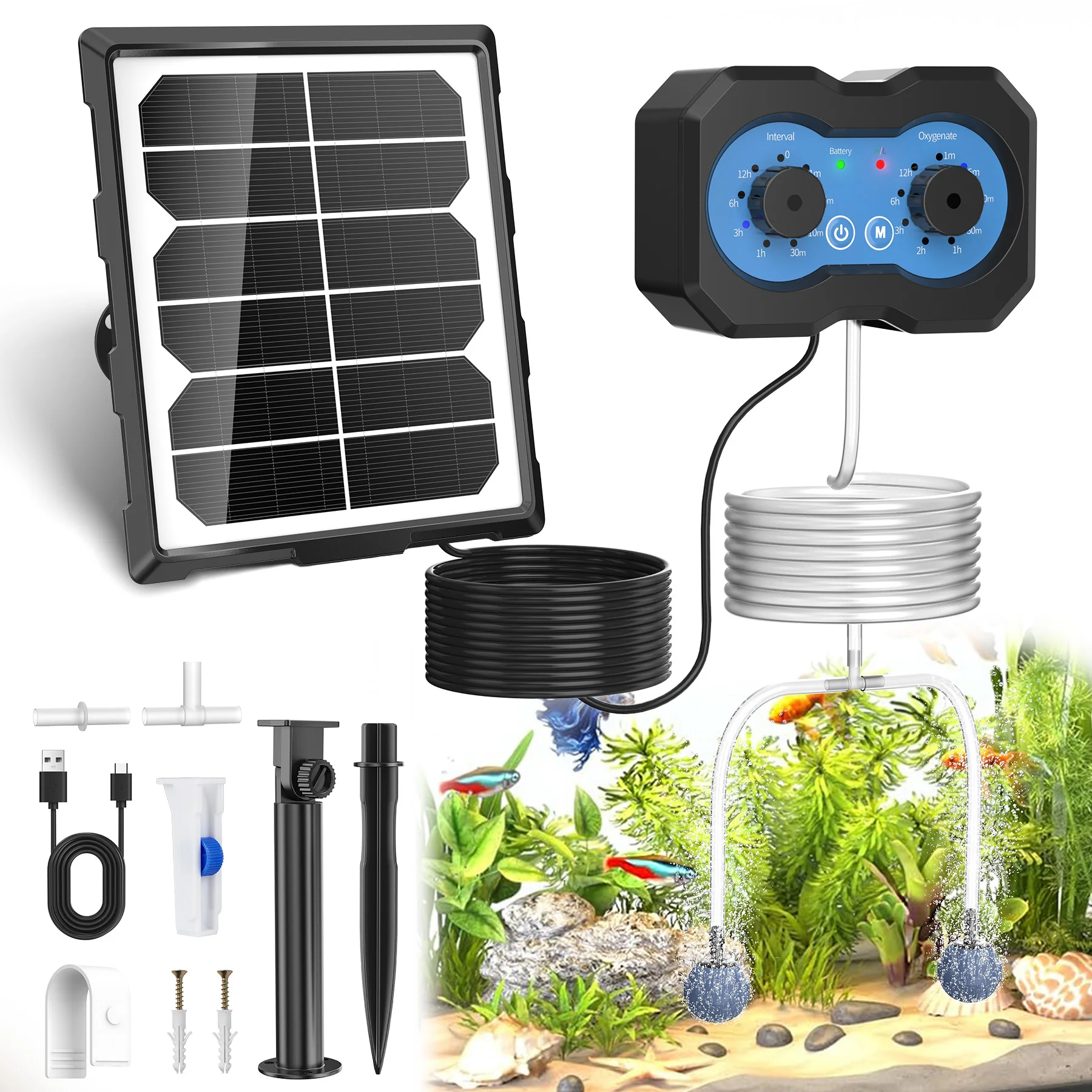 Solar Teichbelüfter mit akku, Aufladbar Solar Sauerstoffpumpe für Teich Aquarium Fischzucht, Solar Aquarium Sauerstoffpumpe Solar USB Doppelladen 146 einstellbare Modi
