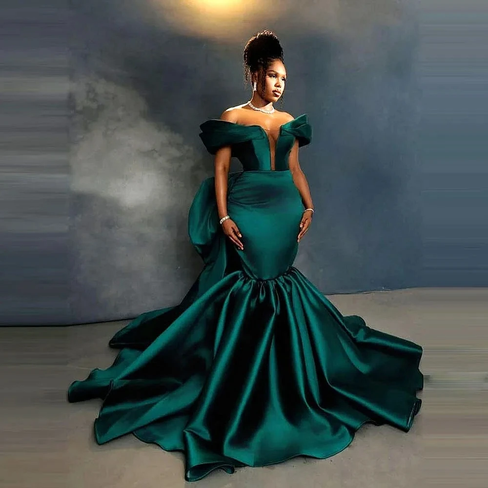 Stylish Formal Occasion Dresses Bow robe de bal Draped Mermaid Prom Dress Emerald Green Long Elegant Evening Gowns Off Shoulder