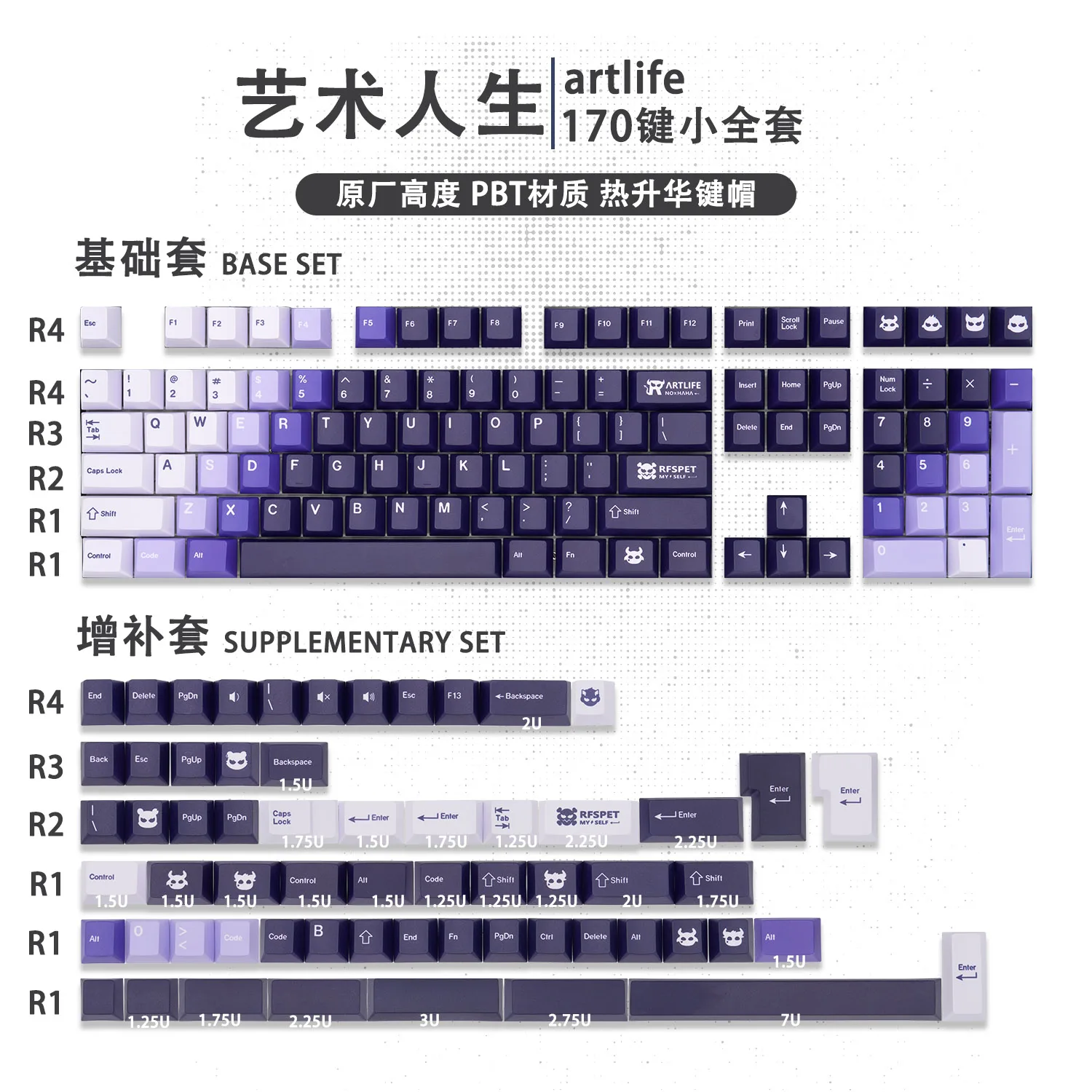 170-toetsen Cherry Profile Artlife Thema Gradiënt Paars Thermische sublimatie Keycaps PBT voor mechanische MX Switch-toetsenbordgeschenken