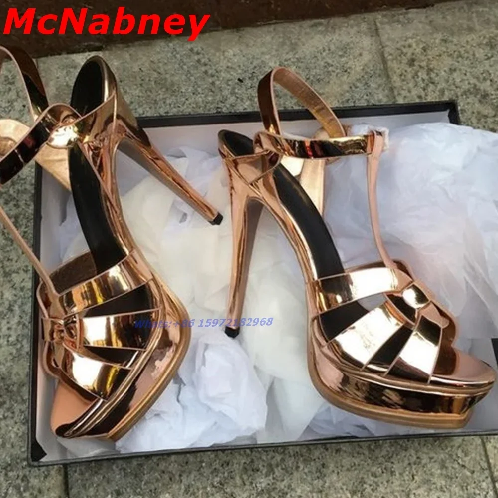 

New Style Summer Knot Sandals Open Toe Platform Solid Patent Ankle Buckles Stiletto Heel Sandal Design Shoes Women Party Dress