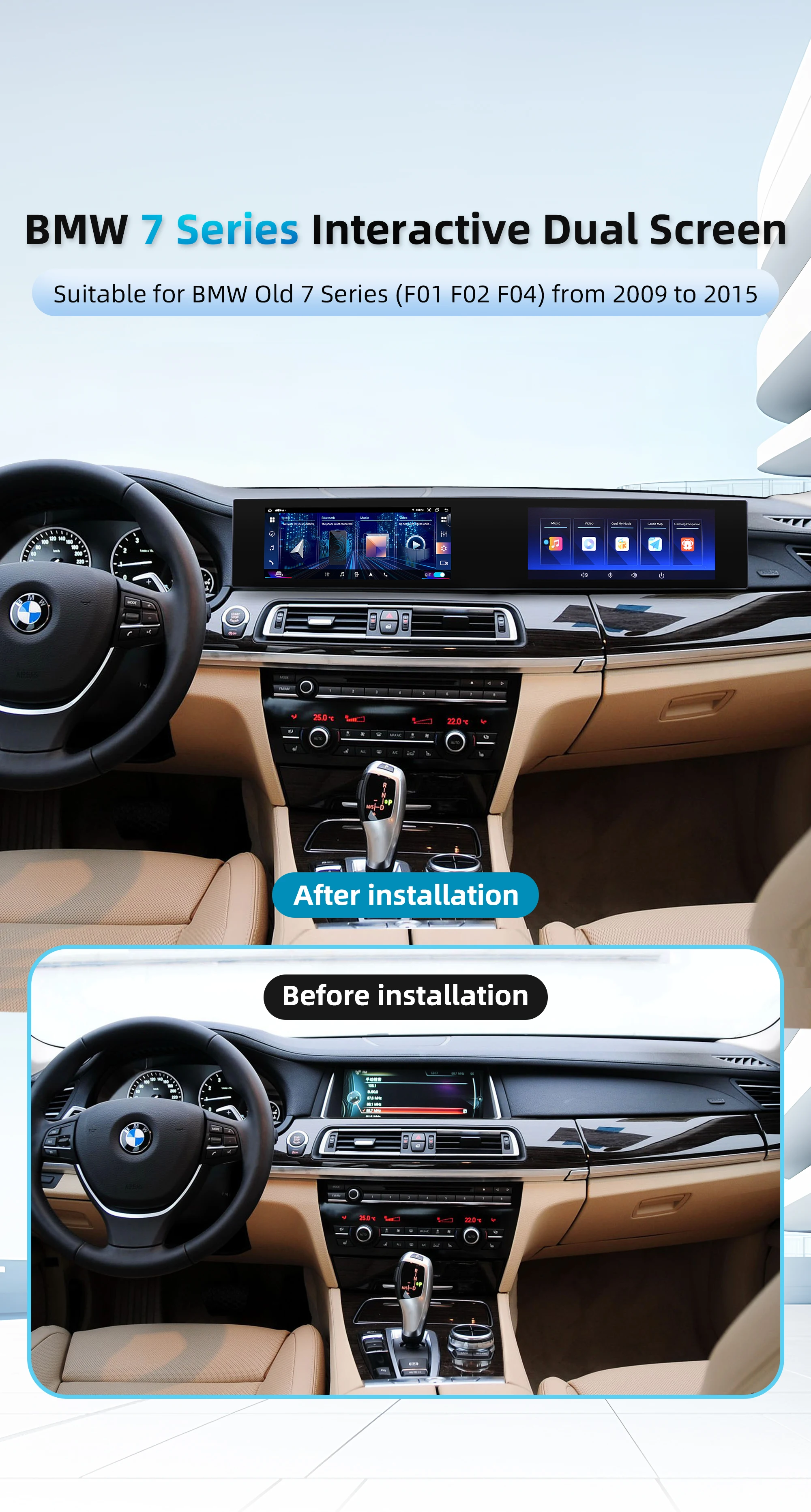

Двухэкранный мультимедийный центр для BMW 7 серии F01 F02 F04 2009-2015 с Android Auto, беспроводным CarPlay, GPS, аудио- и видеоплеером, автомобильная магнитола.