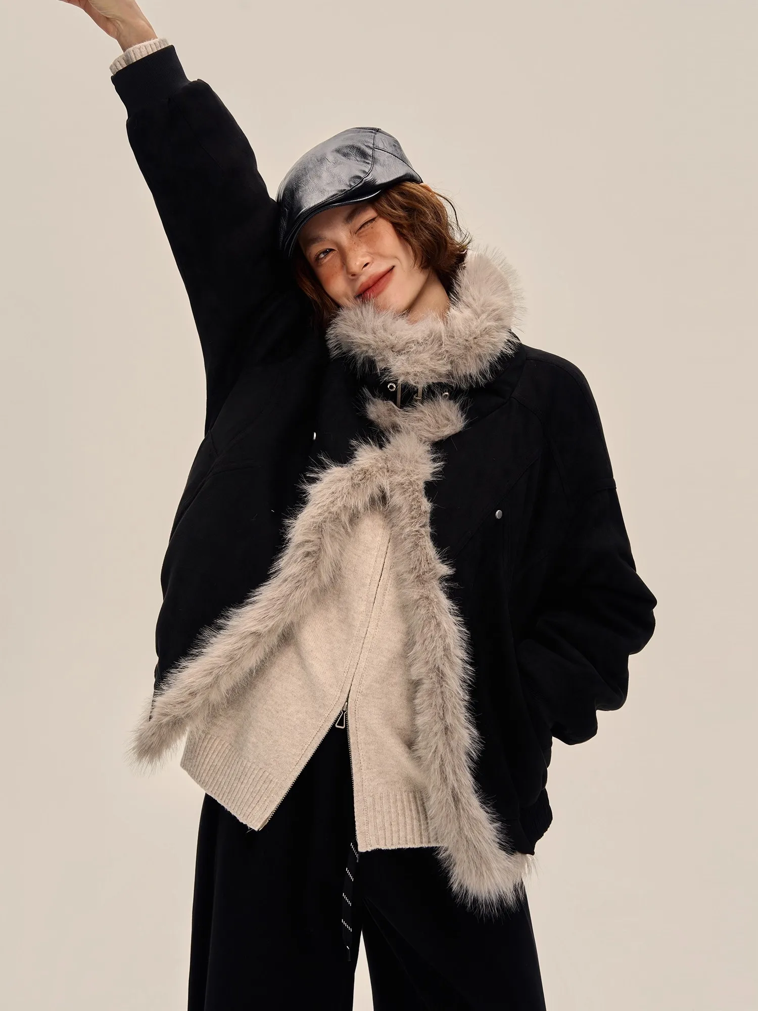 Met fleece gevoerde suède warme jas Winterjas met bontkraag Straat losse pasvorm Lange mouwen Opstaande kraag Effen jas zonder capuchon