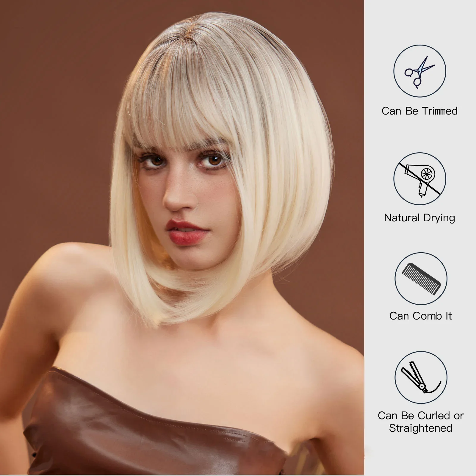 SNQP 10inch Ombre Blonde Synthetic Wig for Women Short Straight Wig with Bangs for Daily Cosplay Party Heat Resistant Fiber