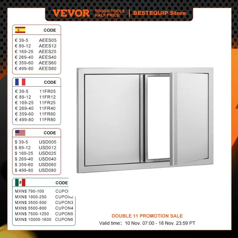 

VEVOR BBQ Access Door 28Wx19H Inch Double Outdoor Kitchen Door Stainless Steel Flush Mount Door Wall Vertical Door with Handles