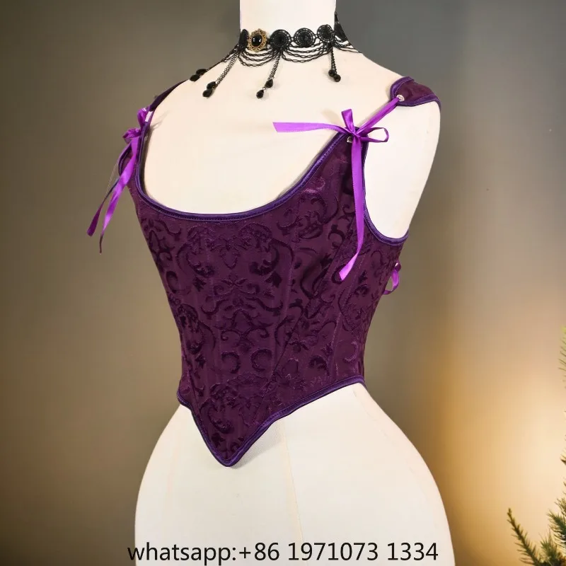 Women Purple Corset Bustier Overbust Flroal Print Vintage Bodices Lace Up Back Boned Shaping Tops Stage Costume Push Up Breast