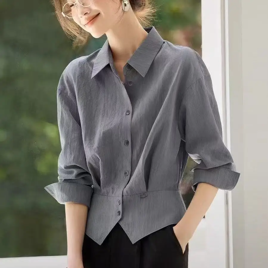 Women Blouse Minimalist Polo Collar Long Sleeve White Shirt Elegant Slim Fit Office Lady Chic Fitted Waist Work Ladies Tops