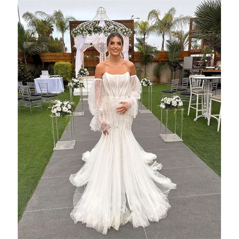 Eleganti abiti da sposa 2024 senza spalline con spalle scoperte Vestido De Novia pizzo Tulle Appliques abiti da sposa su misura