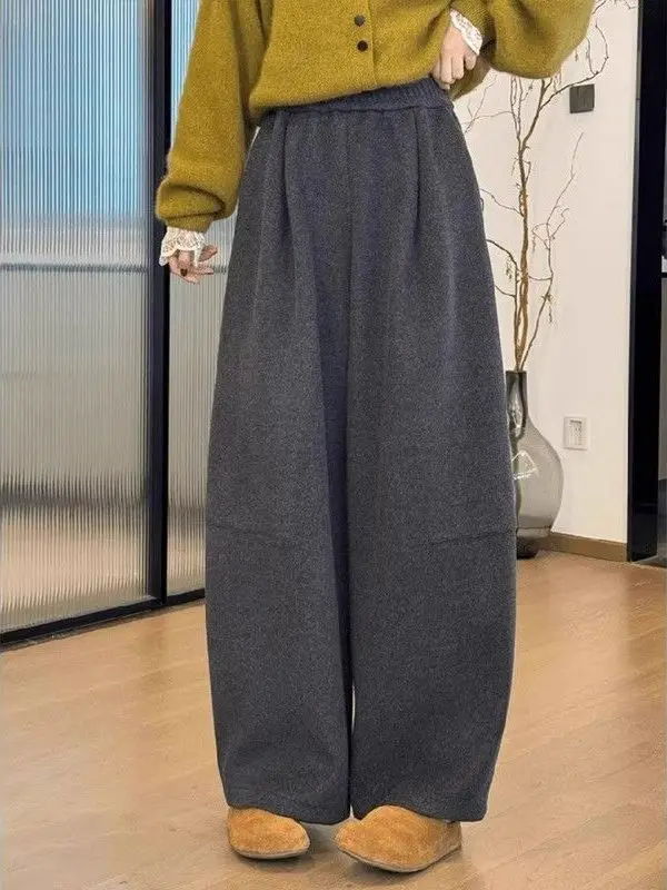 Pantaloni casual da donna taglie forti Bananas Fce foderati 9 punti Thi pantaloni a gamba larga a vita alta comodi e morbidi in fibra di poliestere