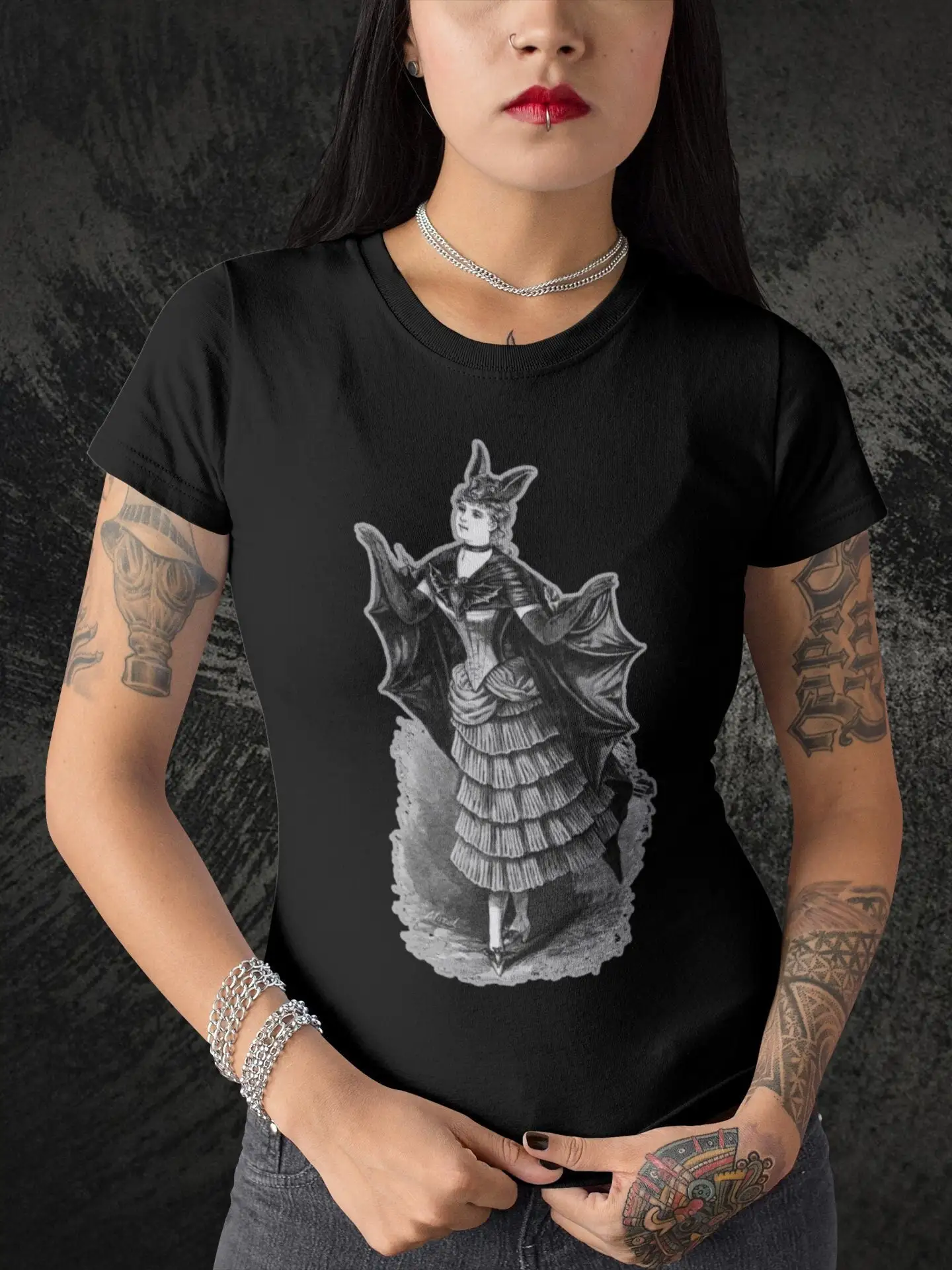 Women'S Victorian Bat Girl T Shirt Goth Gothic Vampire Halloween