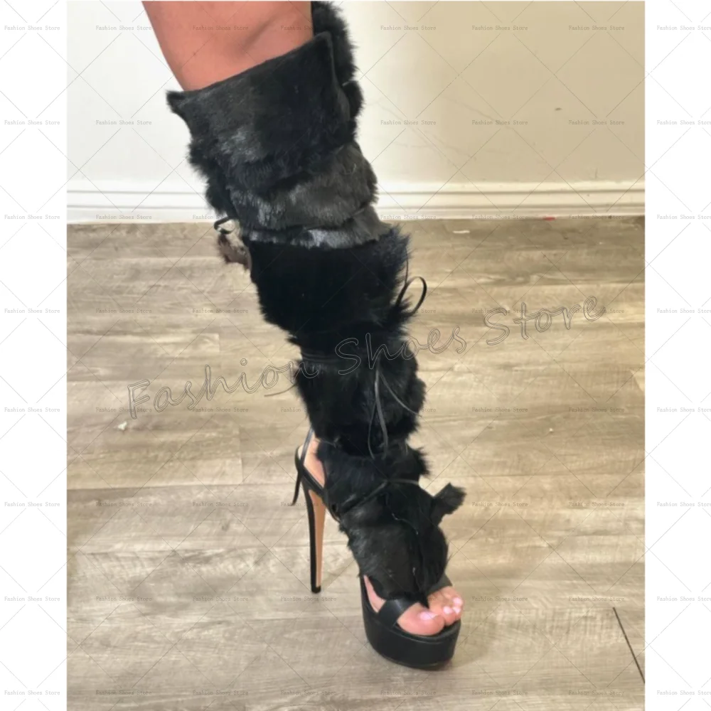 

Black Fur Decor Platform Boots Open Toe Fashion Women Shoes Stilettos High Heels Party Banquet Dating 2025 Zapatos Para Mujere