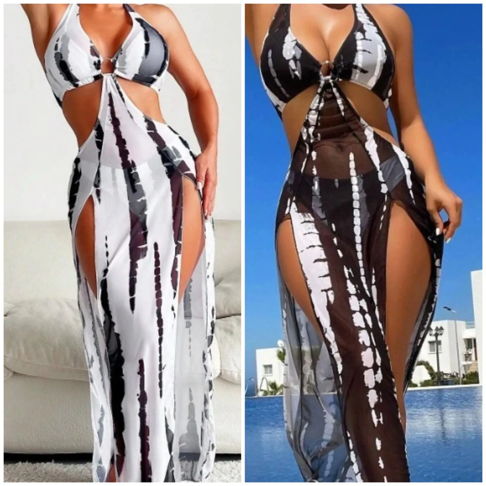 European And American Three Pieces Halter Ring Link Bikini 2024 Women Sexy Cut Out Side Cover Up Dress Swimsuit Bikini Mujer