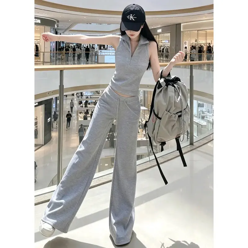 

Casual Summer Women's Two-Piece Set Half-Zip Slim Fit Sleeveless Top And Long Pants Breathable Medium Thickness Polyester Fiber