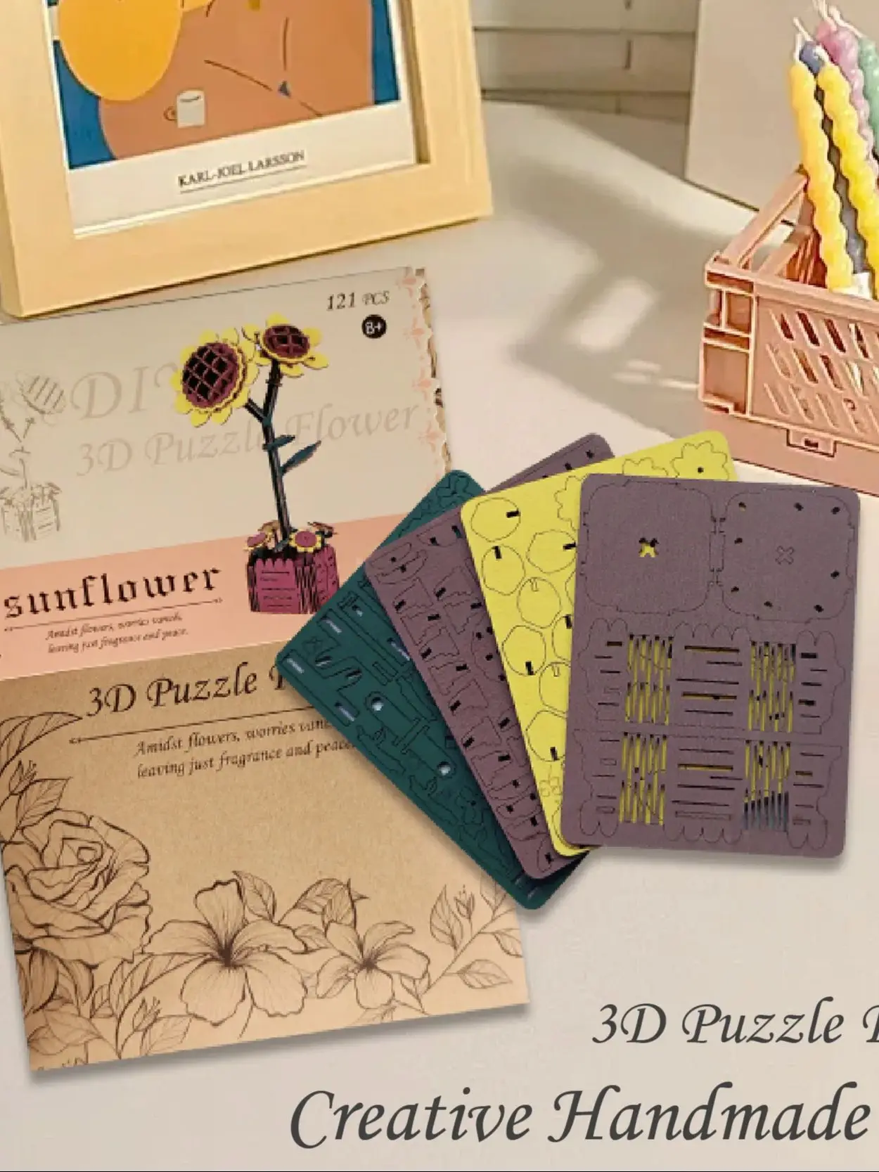 Bloc de Puzzle 3D en bois, artisanat de fleurs, Bouquet d'assemblage, décoration de bureau, modèle d'assemblage de Puzzle pour enfants, cadeau de noël pour petite amie