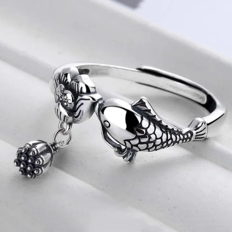 New Ideas Ethnic Style Vintage Small Pendant 925 Thai Silver Glossy Lotus Flower Little Fish Koi Rings for Women Jewelry