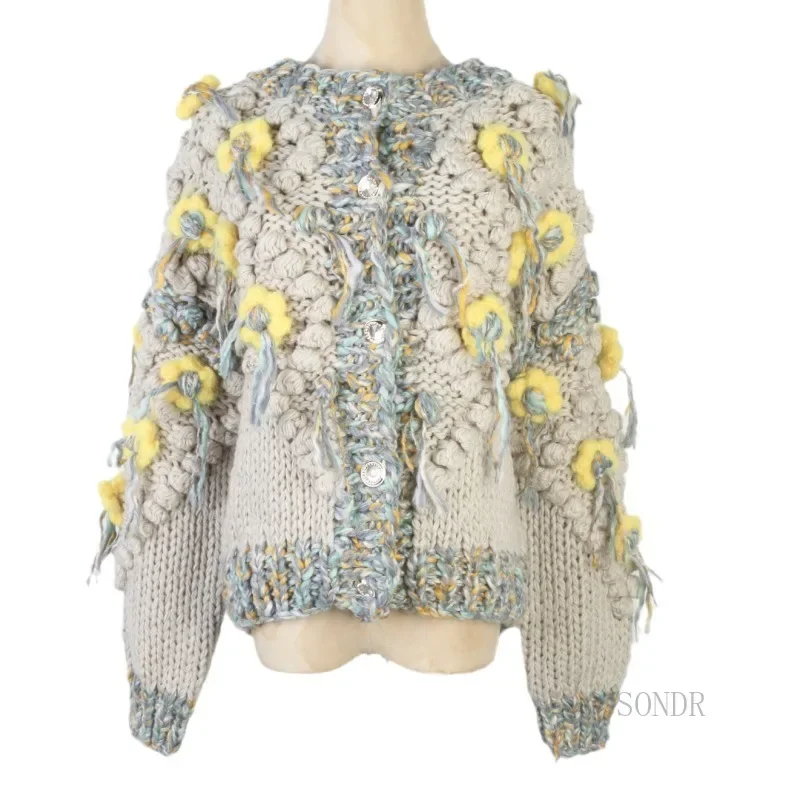 

Thick Vintage Knitted Cardigan Crochet Flowers Tassel Stick Needle Knitted Sweater Jacket Loose Cardigan Women Sueters De Mujer