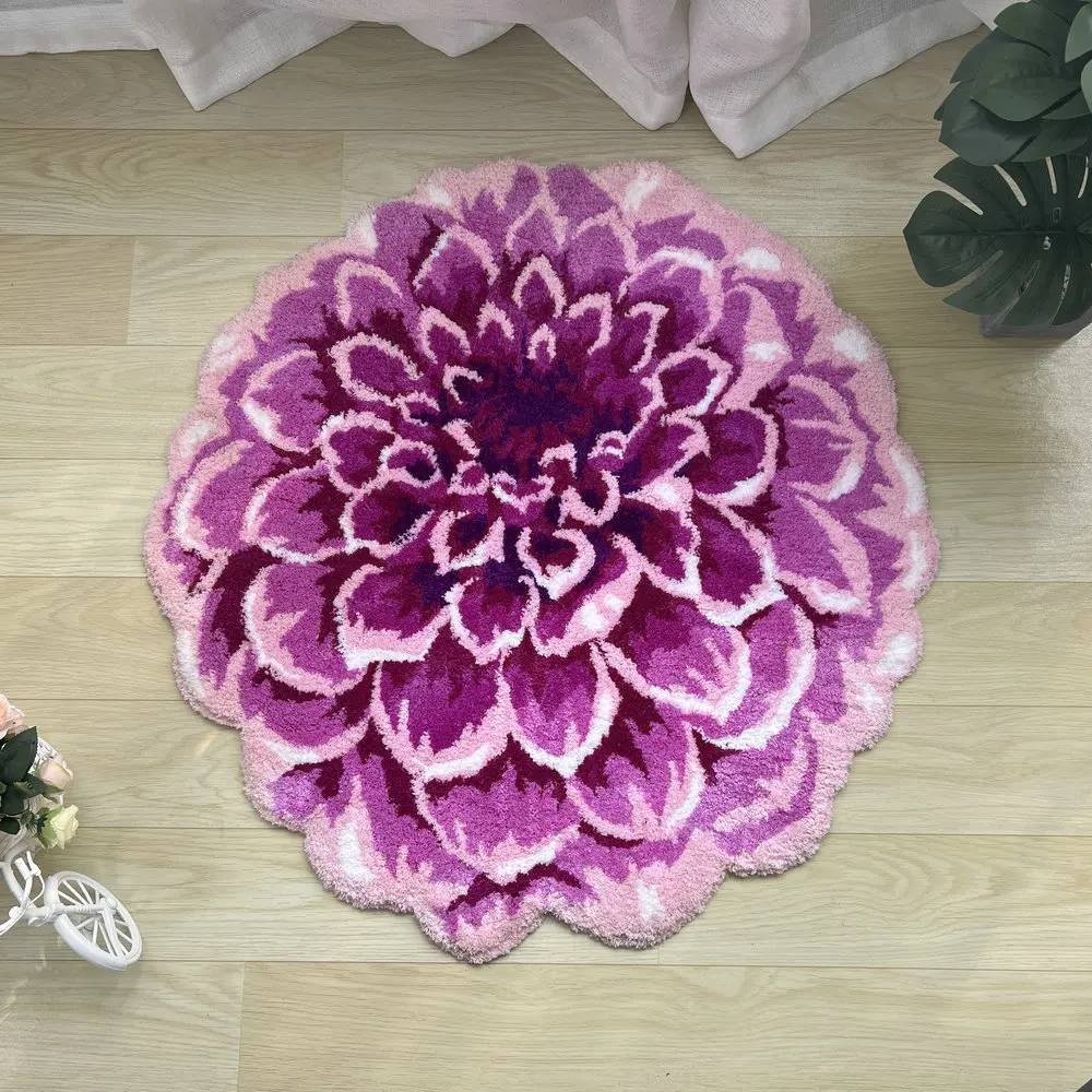 3D Dahlia Flower Rug Soft Tufted Round Carpets for Living Room Bedroom Decor Chair Desk Kids Play Pad Bathroom Floor Mats